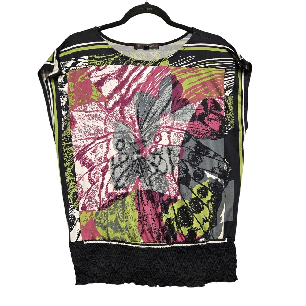 Y2K HeartSoul Women XL Abstract Butterfly Print Smocked Waist Blouse Top